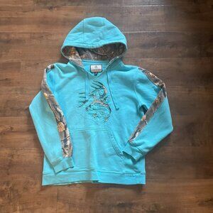 Legendary Whitetails Women’s Camo Trim Hoodie Size M – Turquoise Deer Logo Sweat